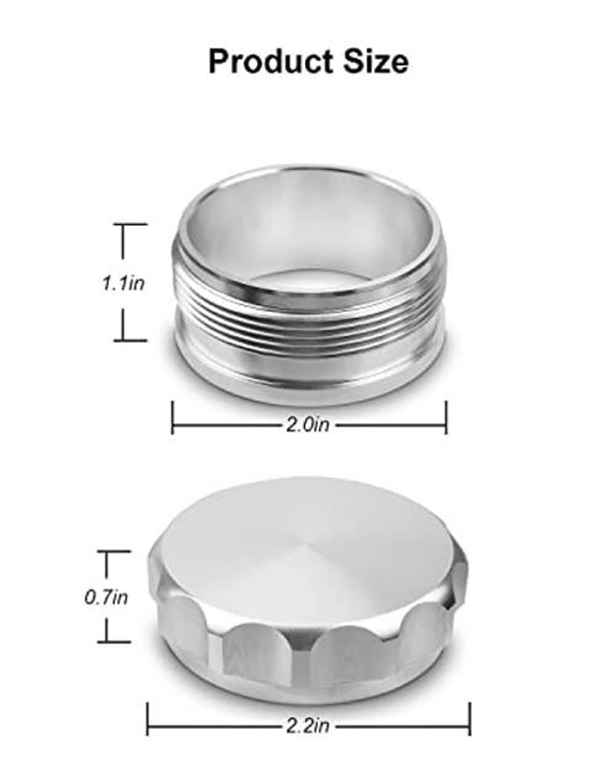 Silver aluminum fuel cap with threaded ring and scalloped outer face