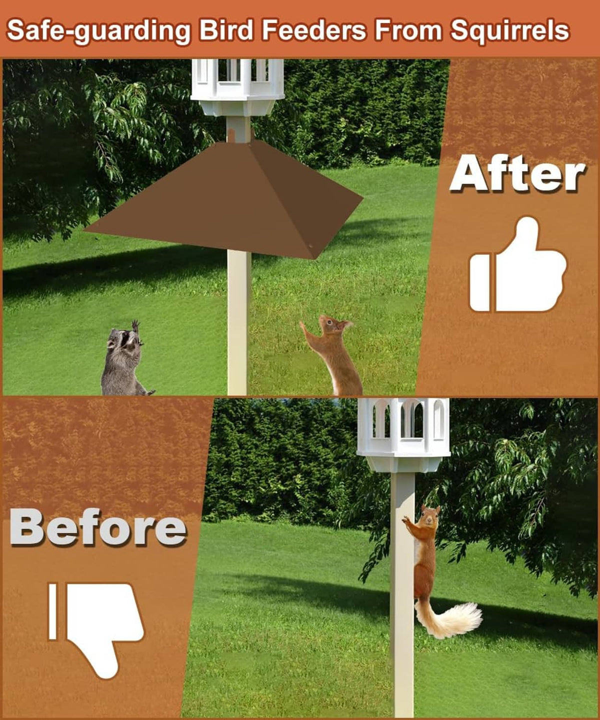 Brown metal squirrel baffle on bird feeder pole, wide V hood to block access