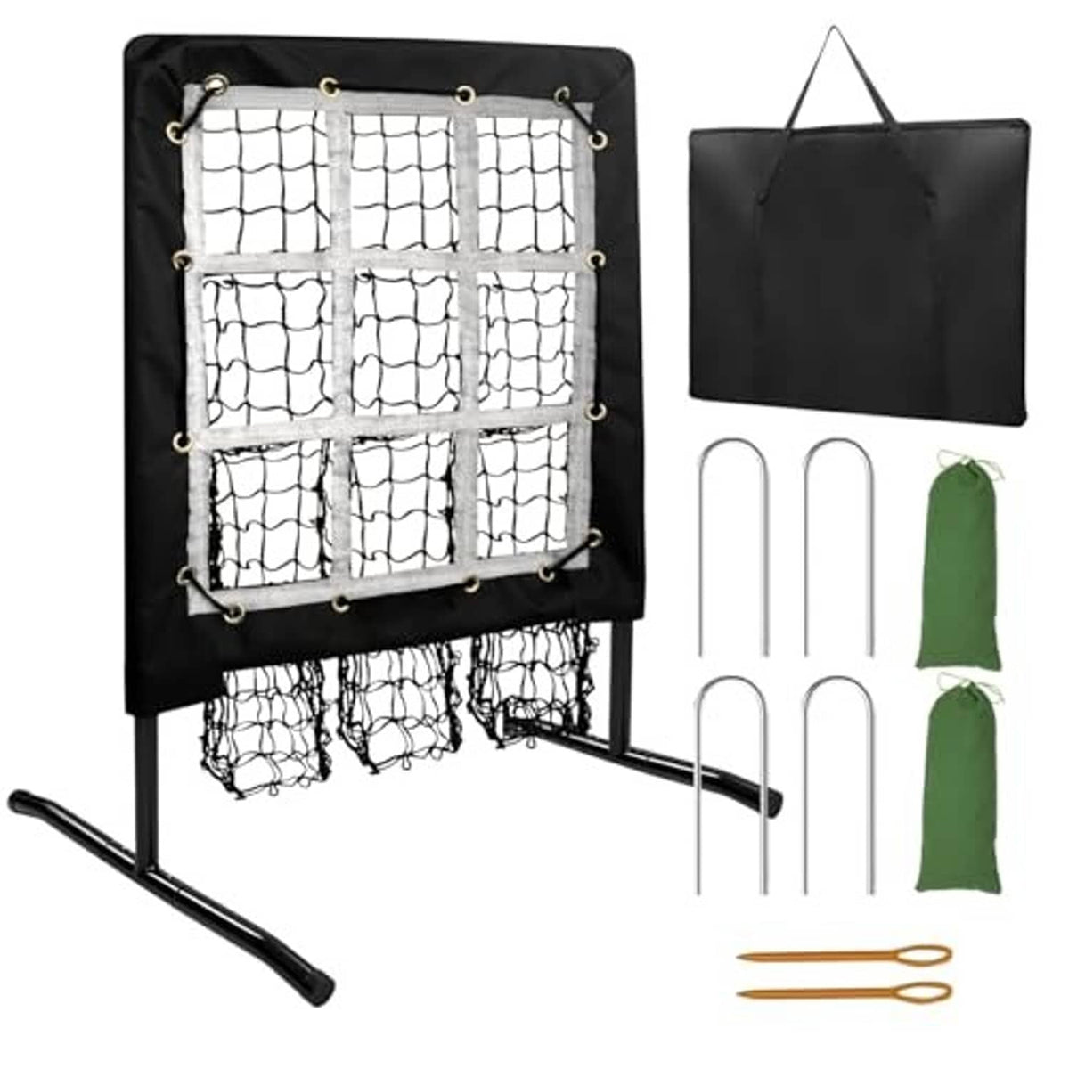 Adjustable pitching net with white strike-zone mesh, black frame, carrying bag and stakes