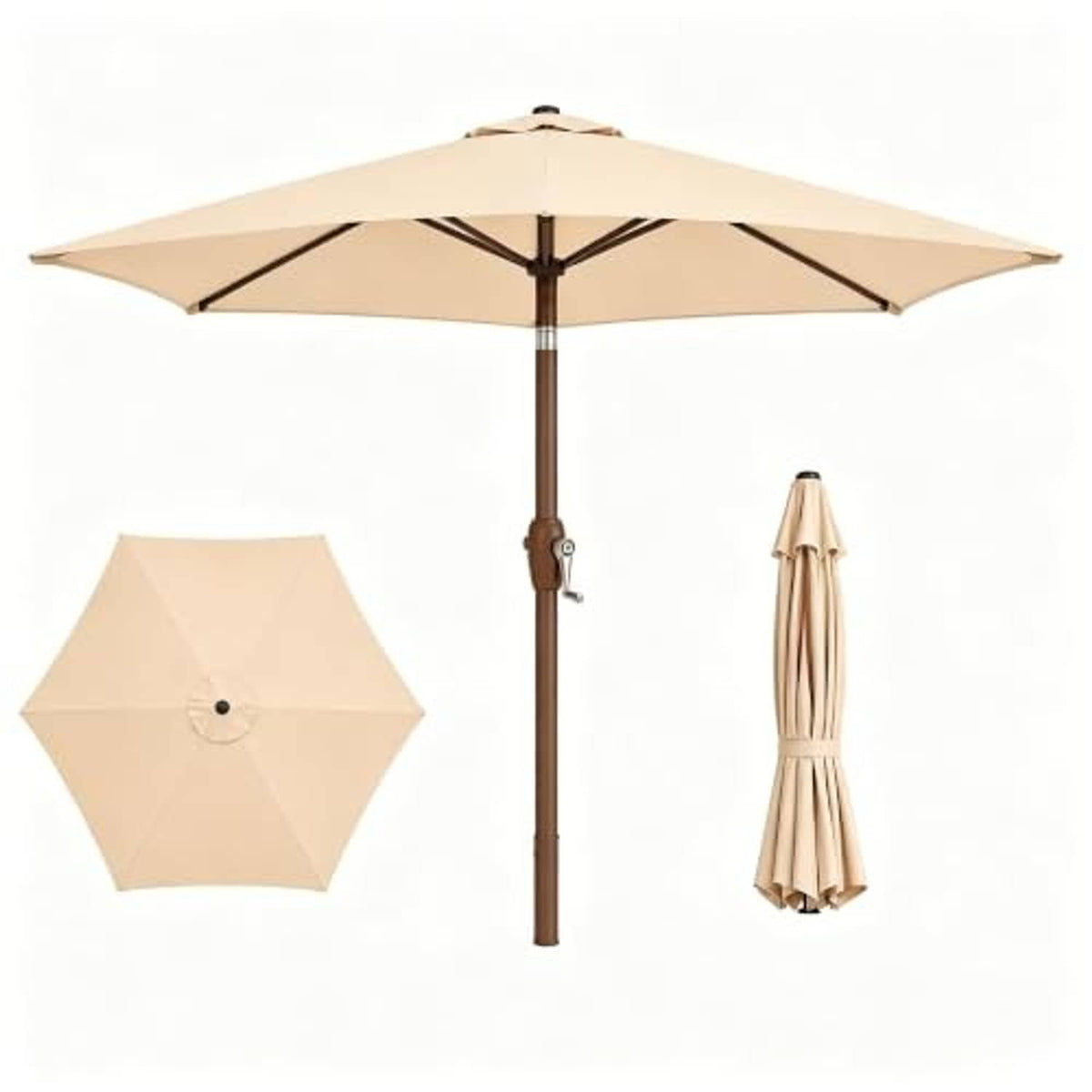Patio umbrella with khaki canopy and dark brown pole, plus folded cover