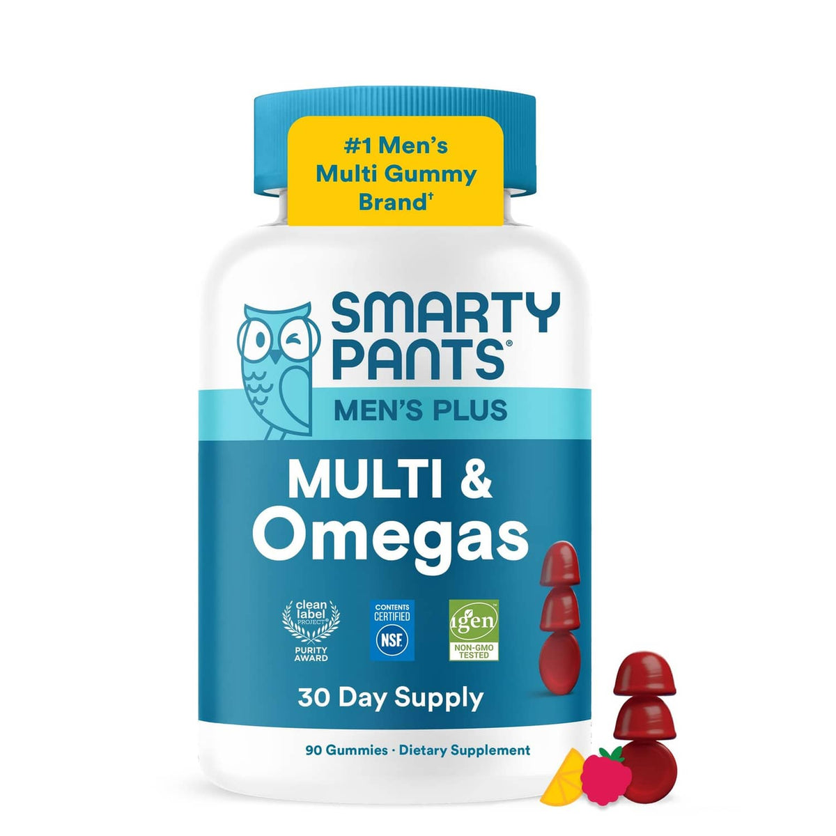 SmartyPants Men's Plus Multi & Omegas supplement bottle with blue cap and red gummies