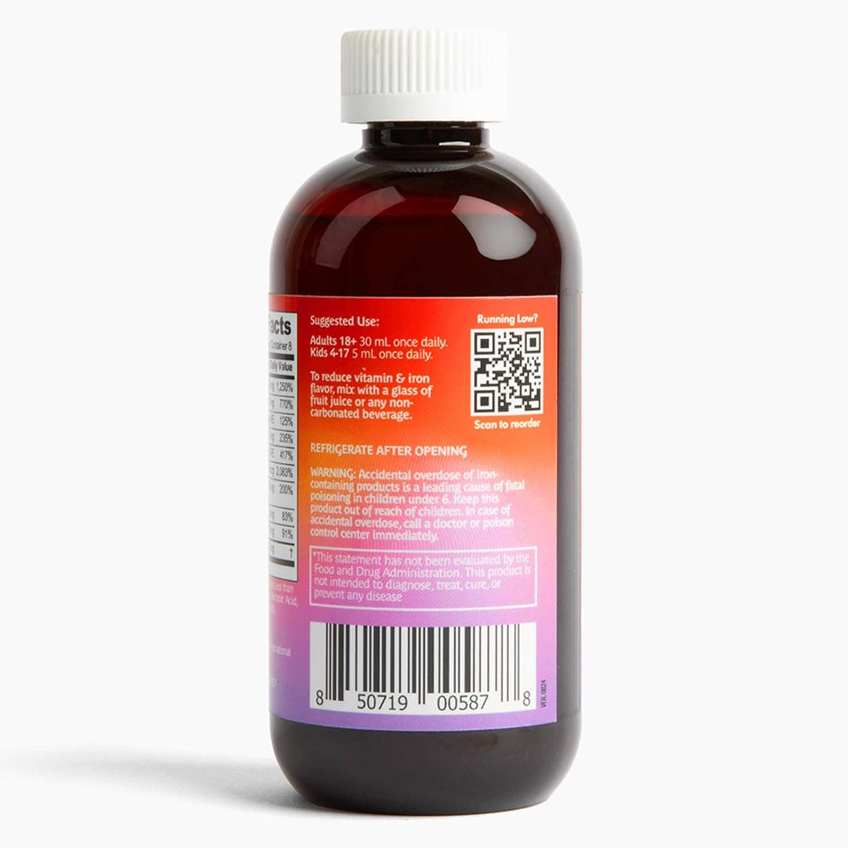 Dietary supplement bottle with back label text and barcode