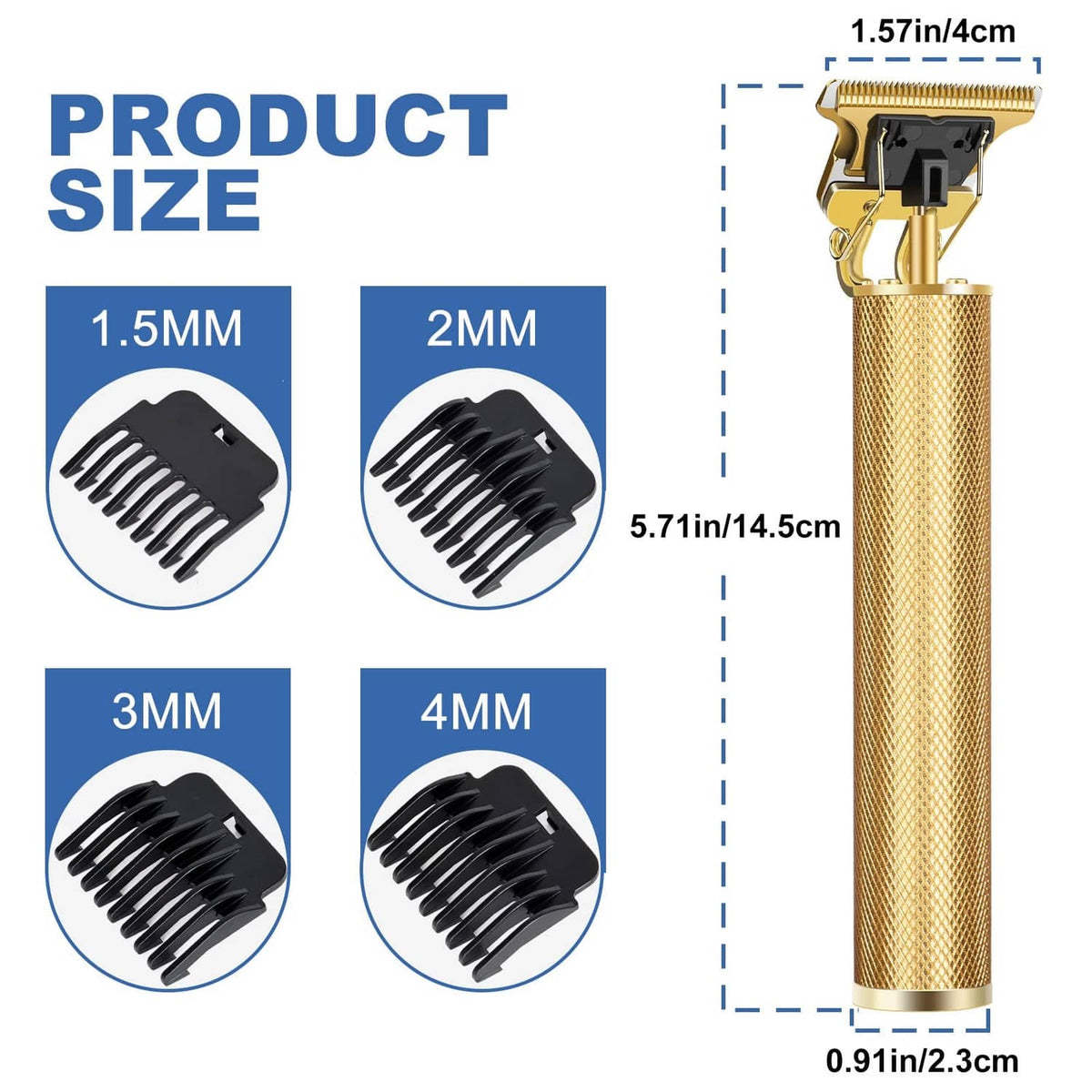 Gold cordless trimmer size with limit combs for 1.5mm to 4mm cutting lengths.