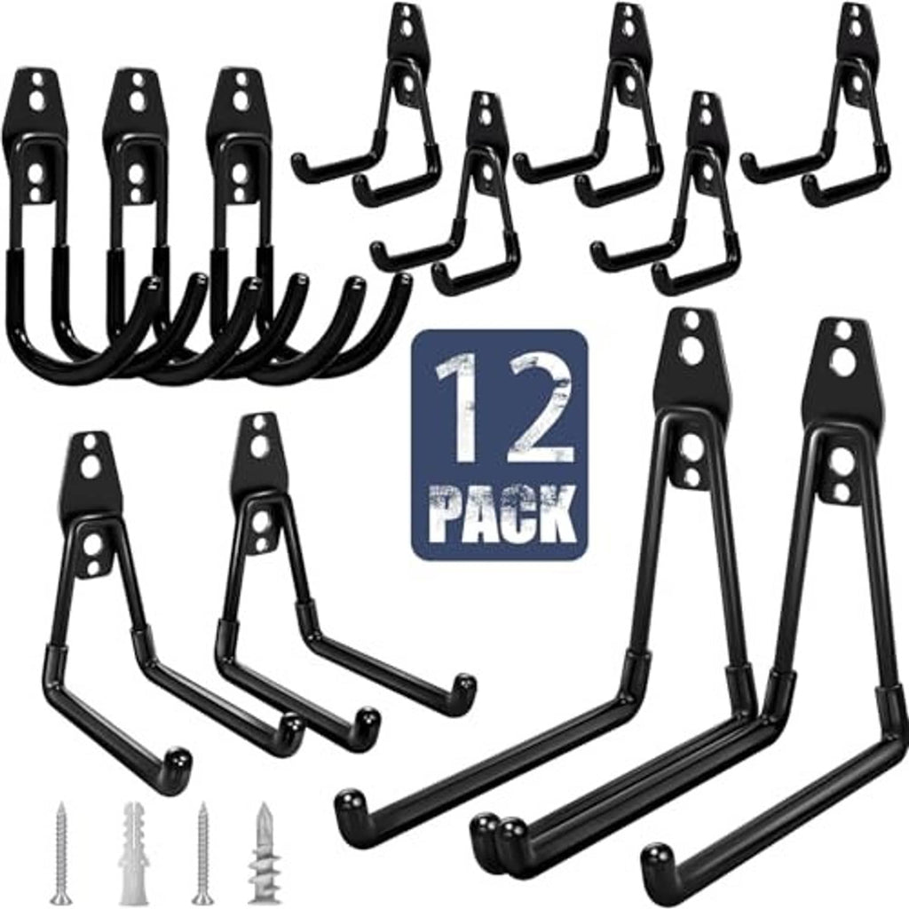 Black garage wall hook set, 12-pack with non-slip PVC coated arms and mounting screws