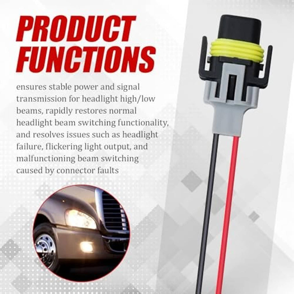 Headlight pigtail connector with yellow latch, gray plug, and black/red cable leads