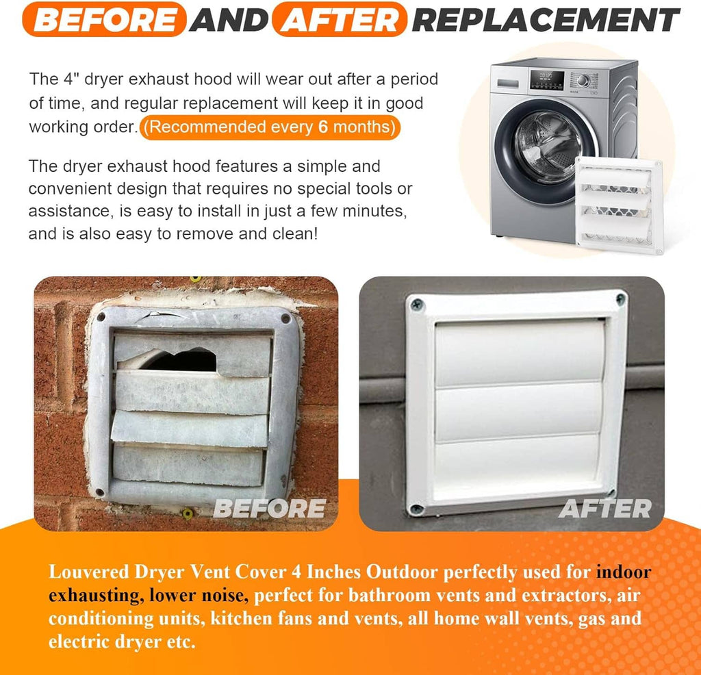 White dryer vent cover replacement shown with worn insert panel