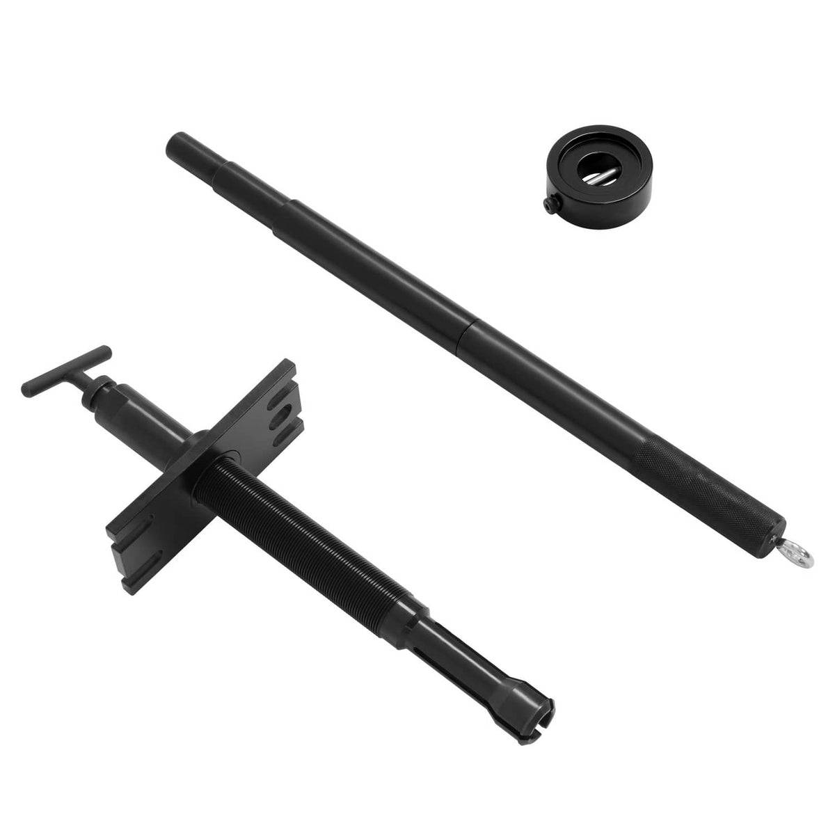Black gimbal bearing puller and alignment tool with long shaft and fork bracket