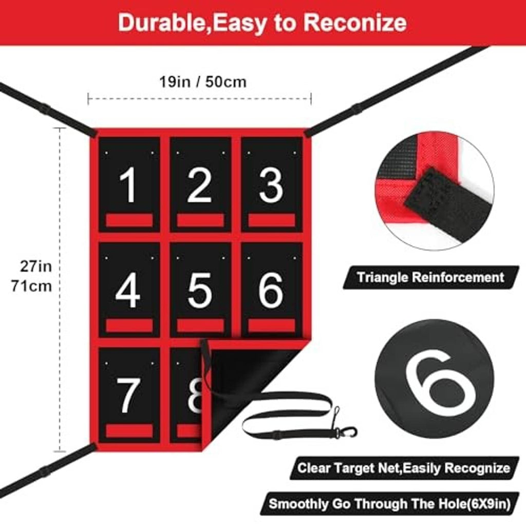 Red and black numbered pitching target net showing 1–9 grid and reinforced edges