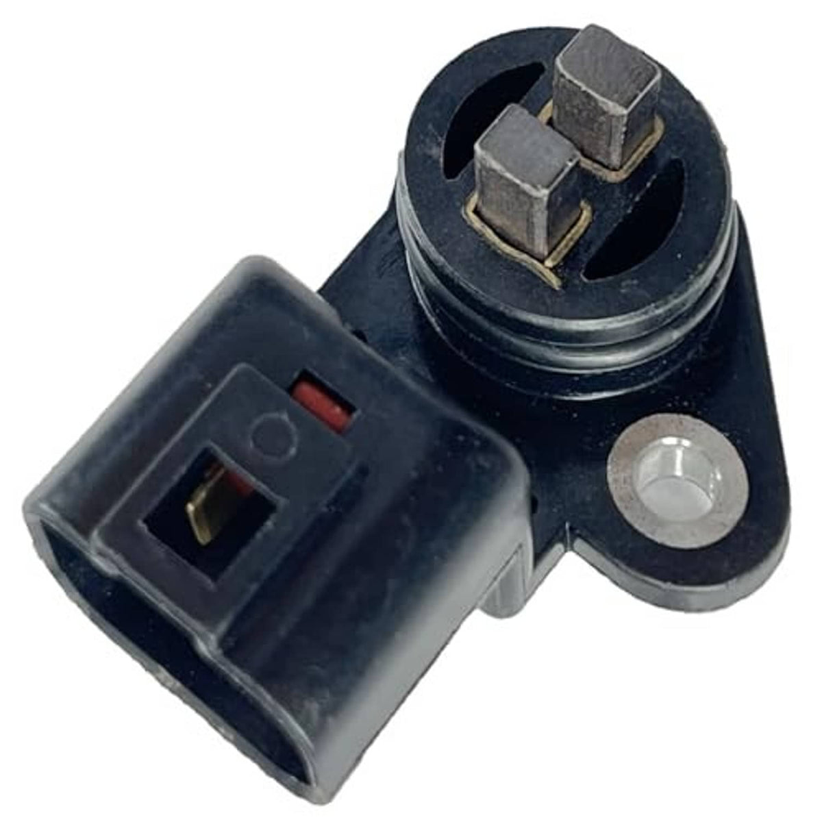 Camshaft position sensor close view of black connector and circular mounting plate