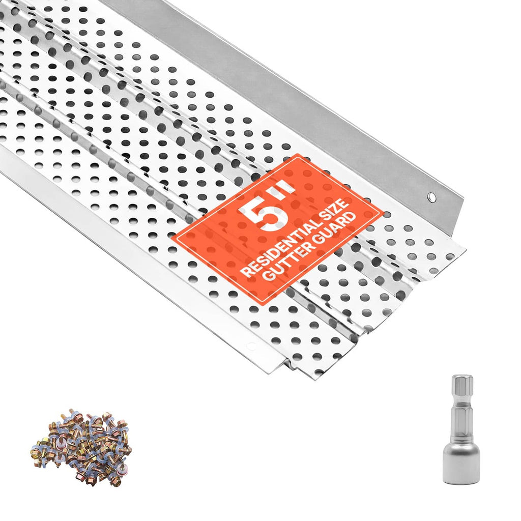 Perforated aluminum gutter guard with raised lip and end holes, 5-inch fit