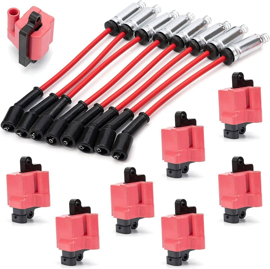 Red and black square ignition coils with attached spark plug wire set, 8-pack