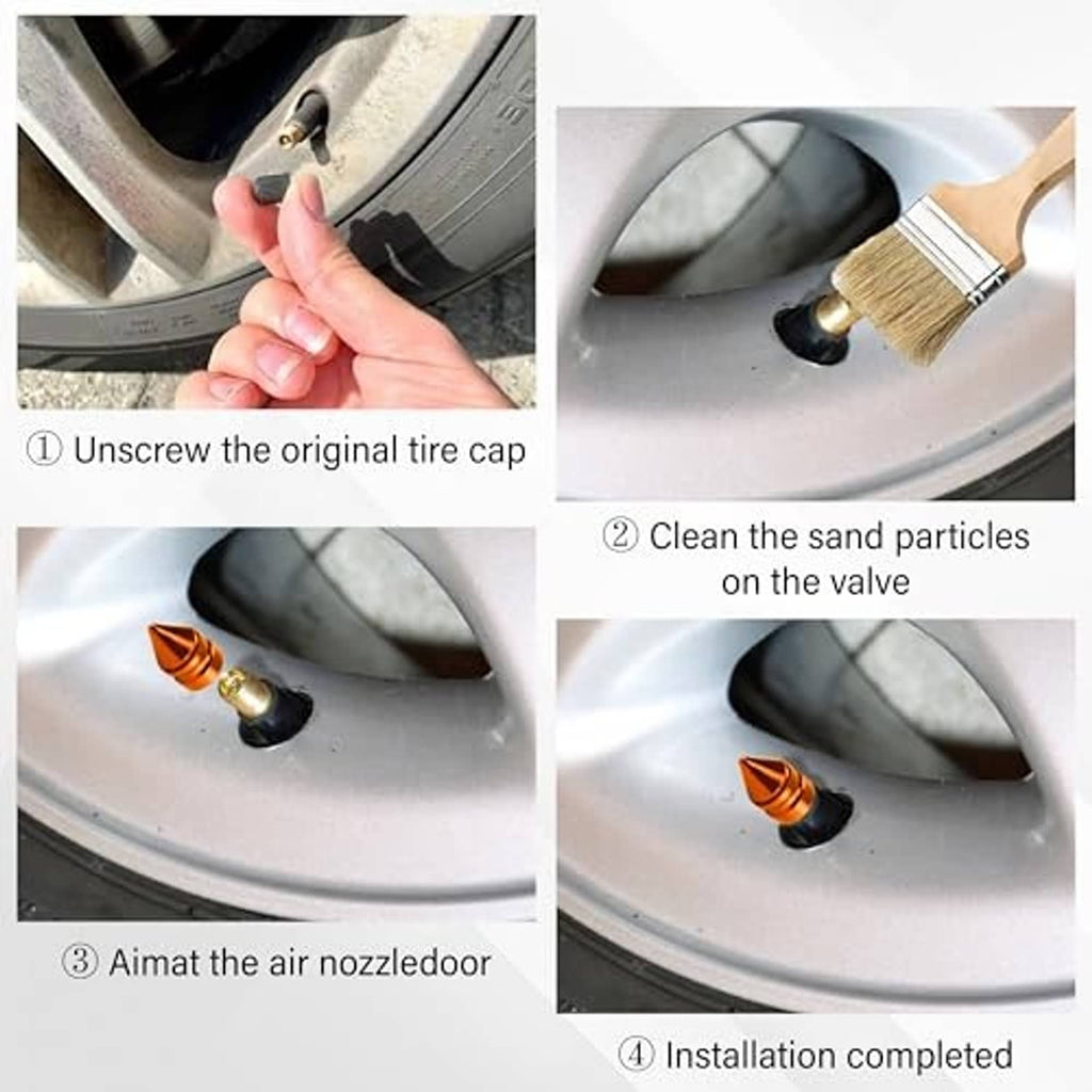 Orange spiked tire valve cap installation sequence on wheel valve, hand tightening