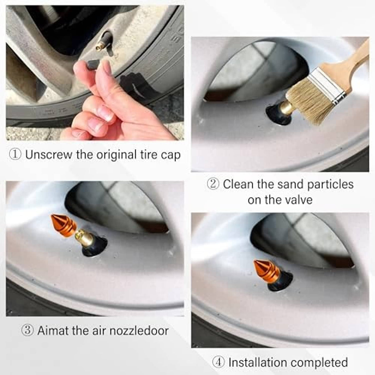 Orange spiked tire valve cap installation sequence on wheel valve, hand tightening