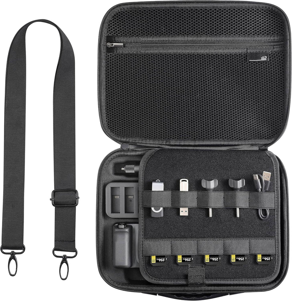 Black hard-shell carrying case with mesh front, open insert and shoulder strap attached