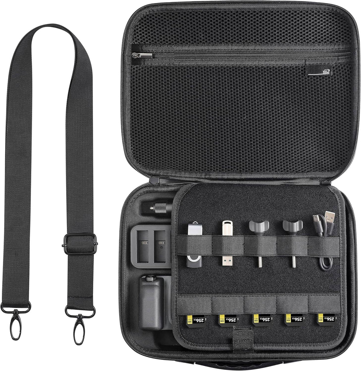 Black hard-shell carrying case with mesh front, open insert and shoulder strap attached
