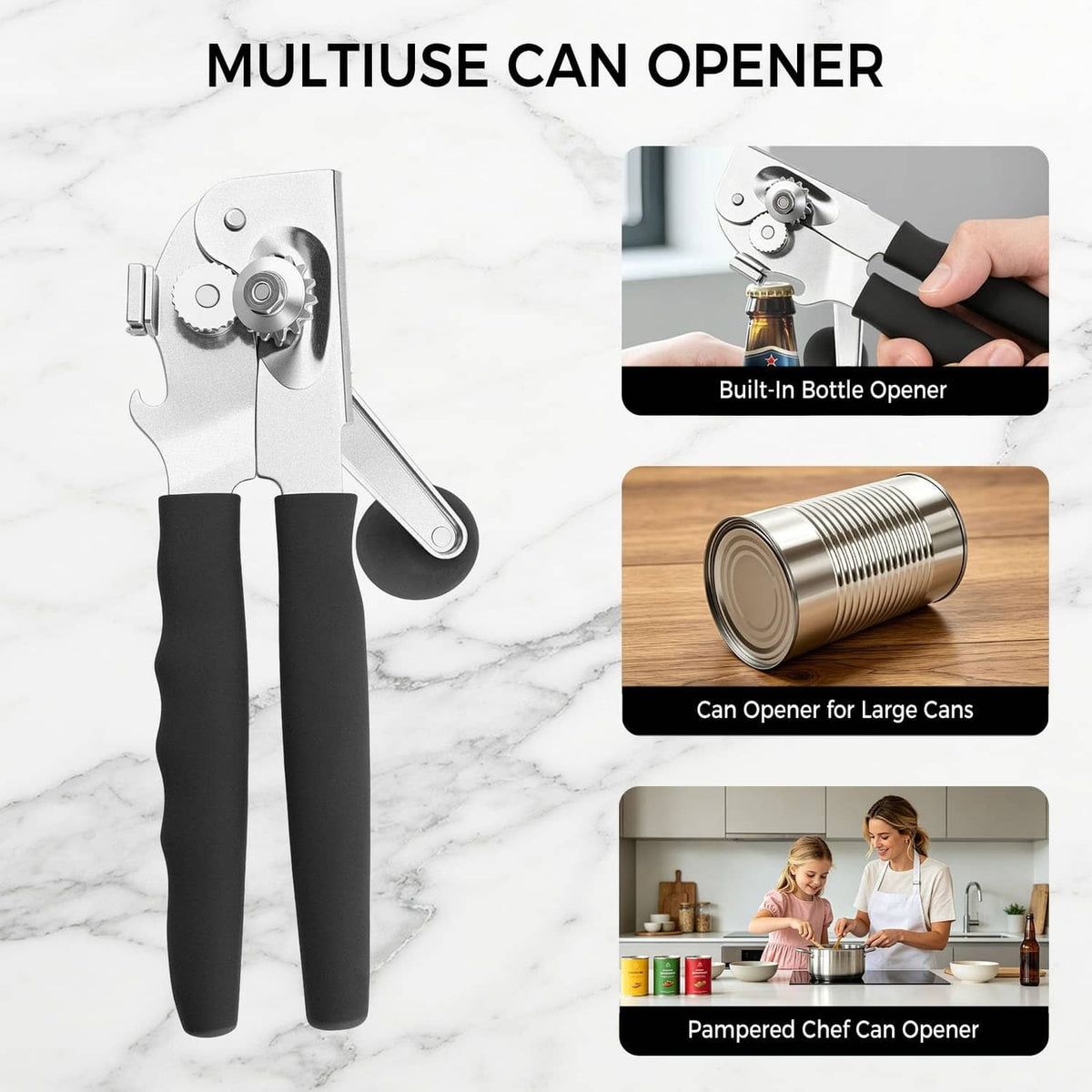 Multiuse can opener with bottle-opener attachment and black comfort handles