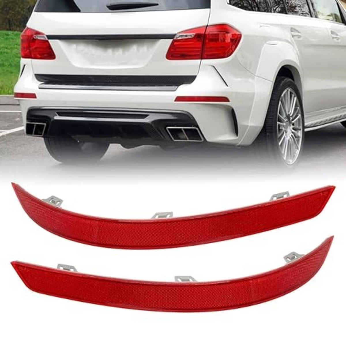Pair of red curved rear bumper reflectors with textured lens and mounting clips