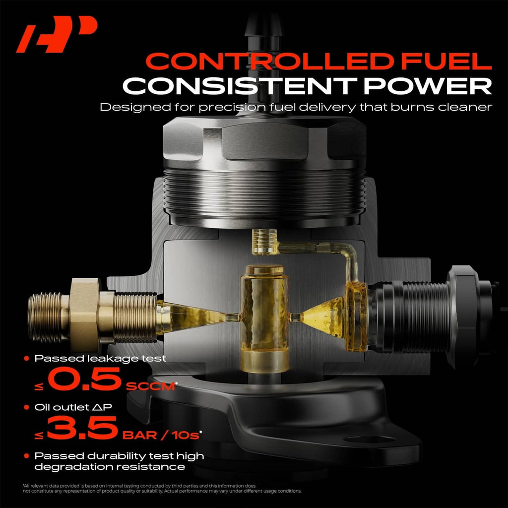 High-pressure fuel pump with machined metal body and threaded inlet/outlet fittings