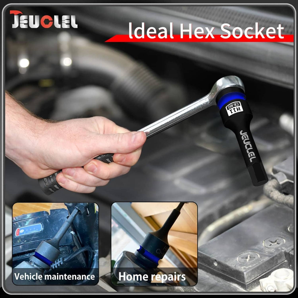 Black H11 hex socket bit held in hand with 1/2-inch drive and blue ring detail