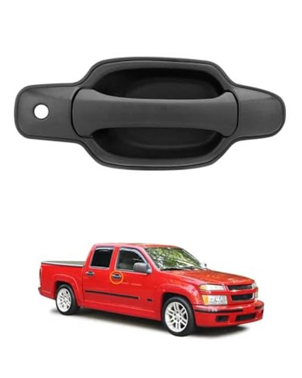 Dark gray exterior passenger door handle with curved oval grip and round mounting hole