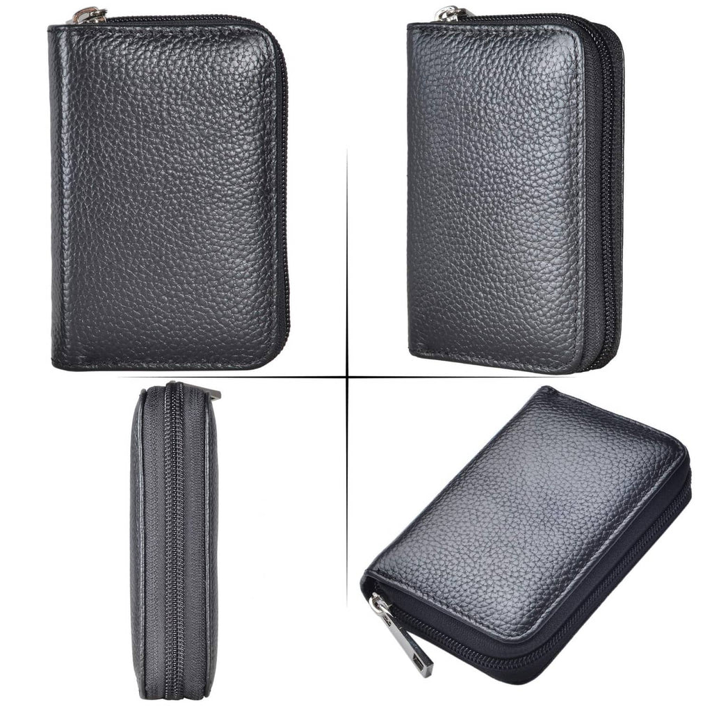 Leather zip card wallet, front, back, side and angled views