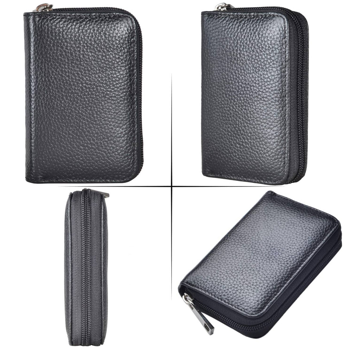 Leather zip card wallet, front, back, side and angled views