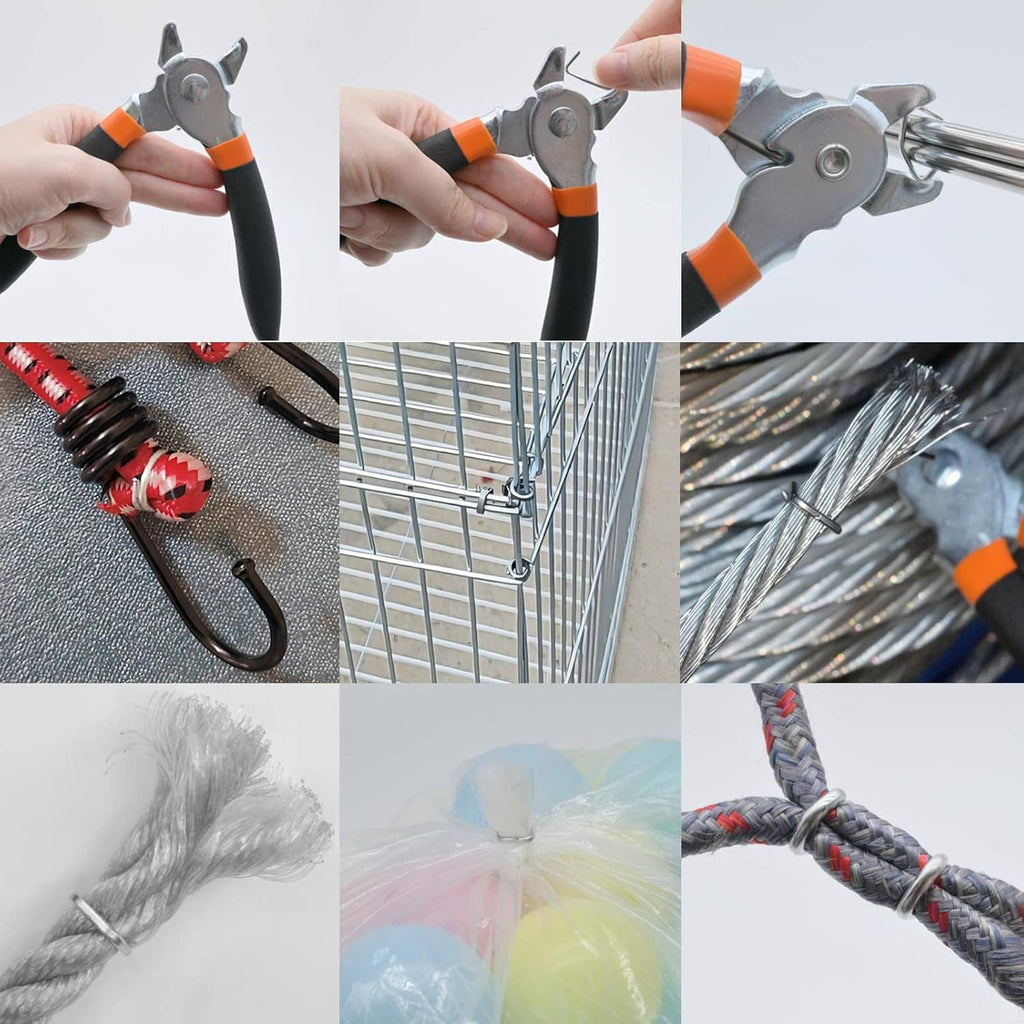 Straight hog ring pliers fastening hog rings to fabric and wire mesh