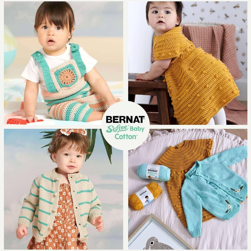 Children wearing knit projects with colorful striped and textured patterns