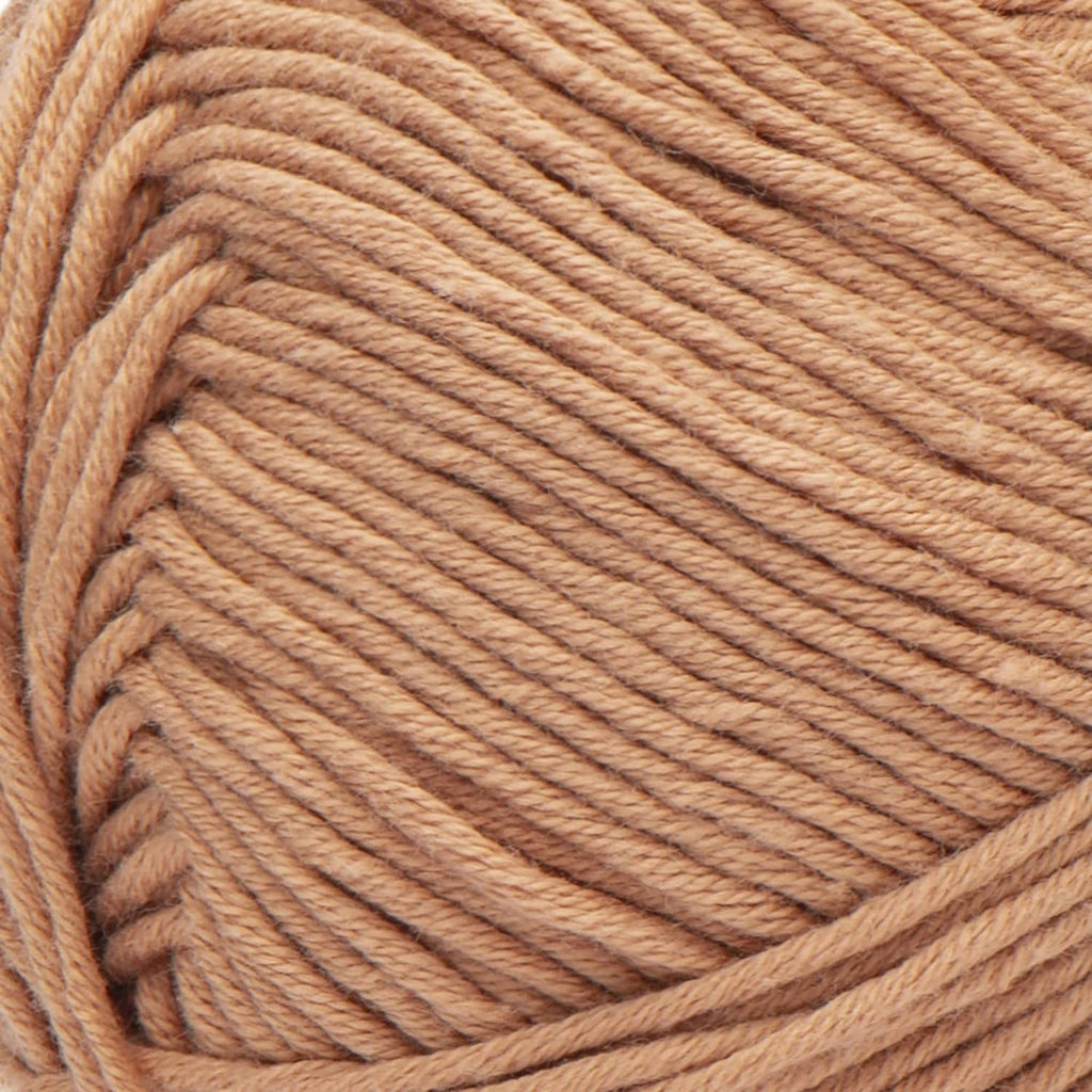 Close-up of light brown twisted yarn strands with smooth texture