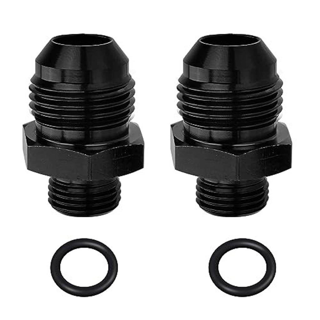Two-piece black fuel rail adapter fitting set, male flare to ORB, with O-ring seals