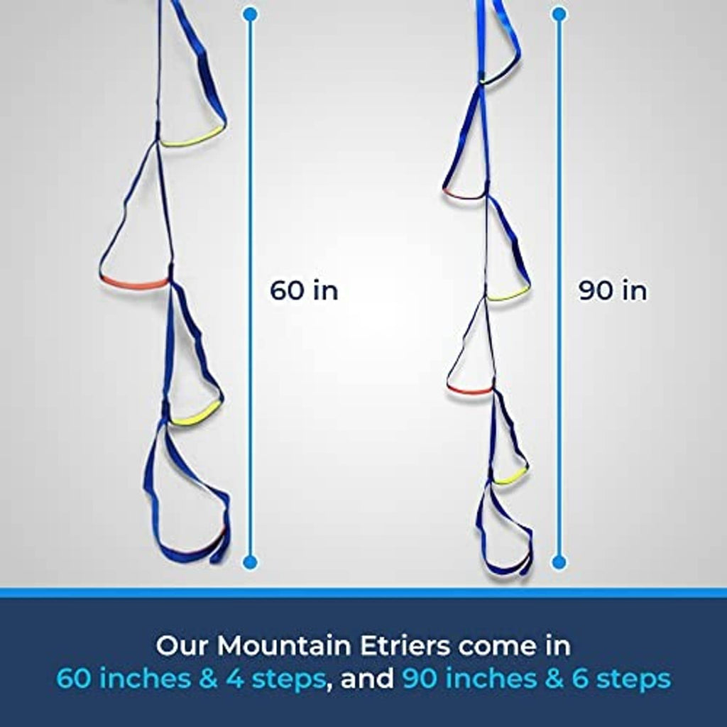 Two nylon aider ladders with blue webbing and colorful loop steps, 60 in and 90 in