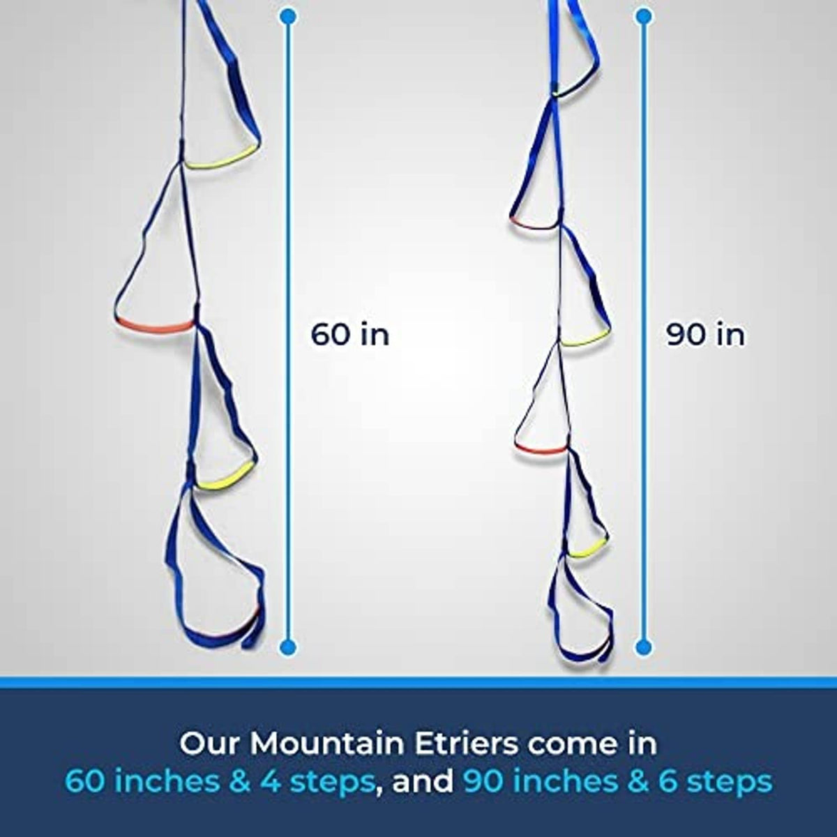 Two nylon aider ladders with blue webbing and colorful loop steps, 60 in and 90 in