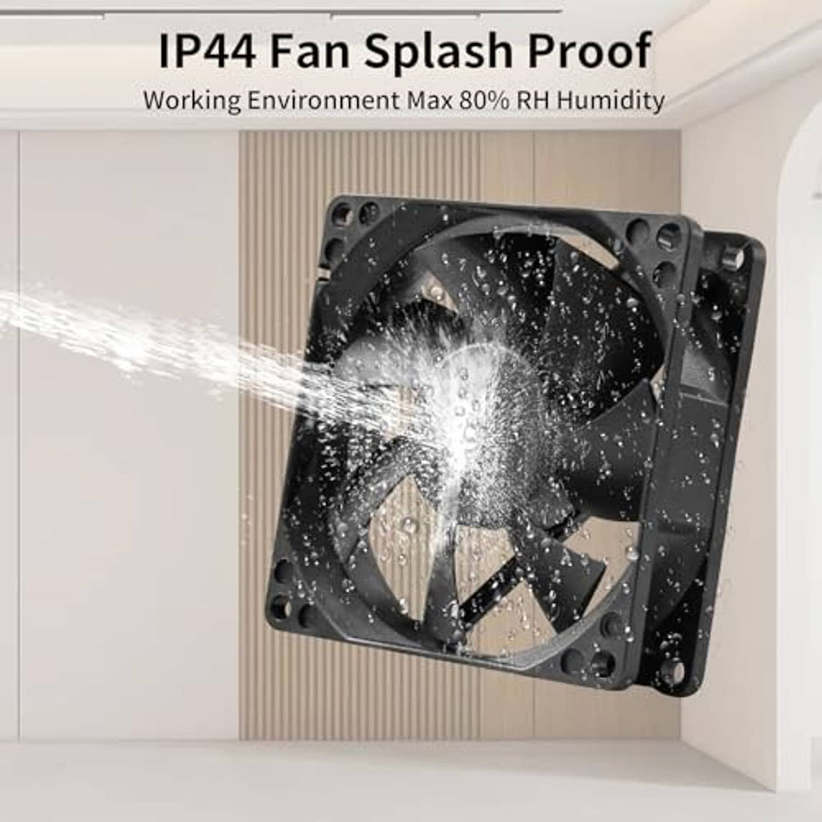 Black 80mm DC cooling fan with splash-resistant housing and four mounting holes