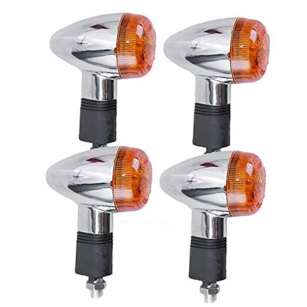 Set of 4 motorcycle turn signal lights with amber lenses, chrome tops, black bases