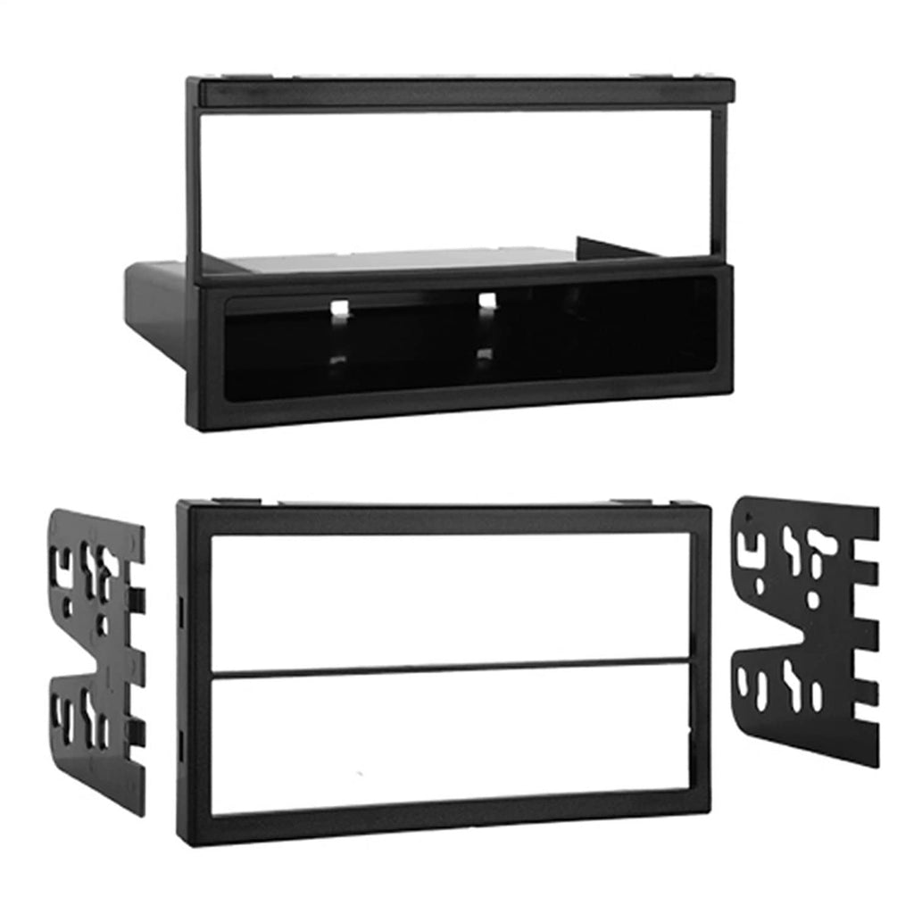Black stereo dash kit with mounting brackets and radio face insert