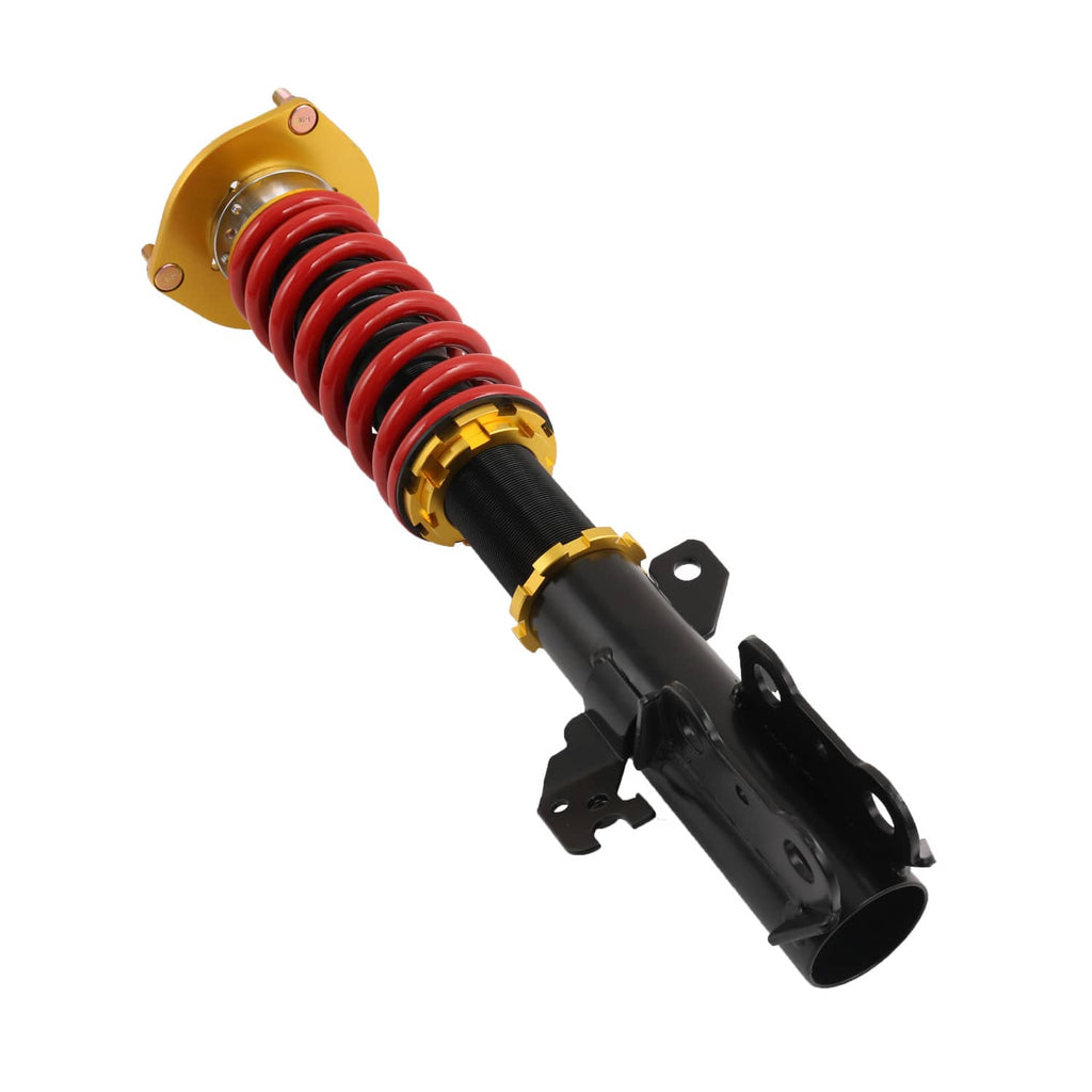 Coilover strut assembly with red spring, black shock, and gold upper mount