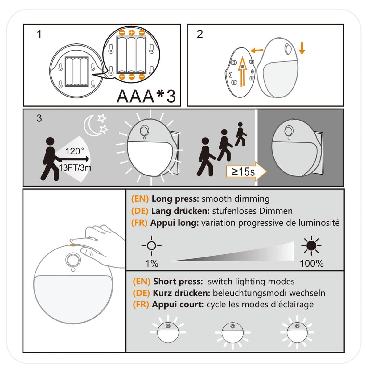 User guide diagram for motion sensor night light with AAA battery setup.