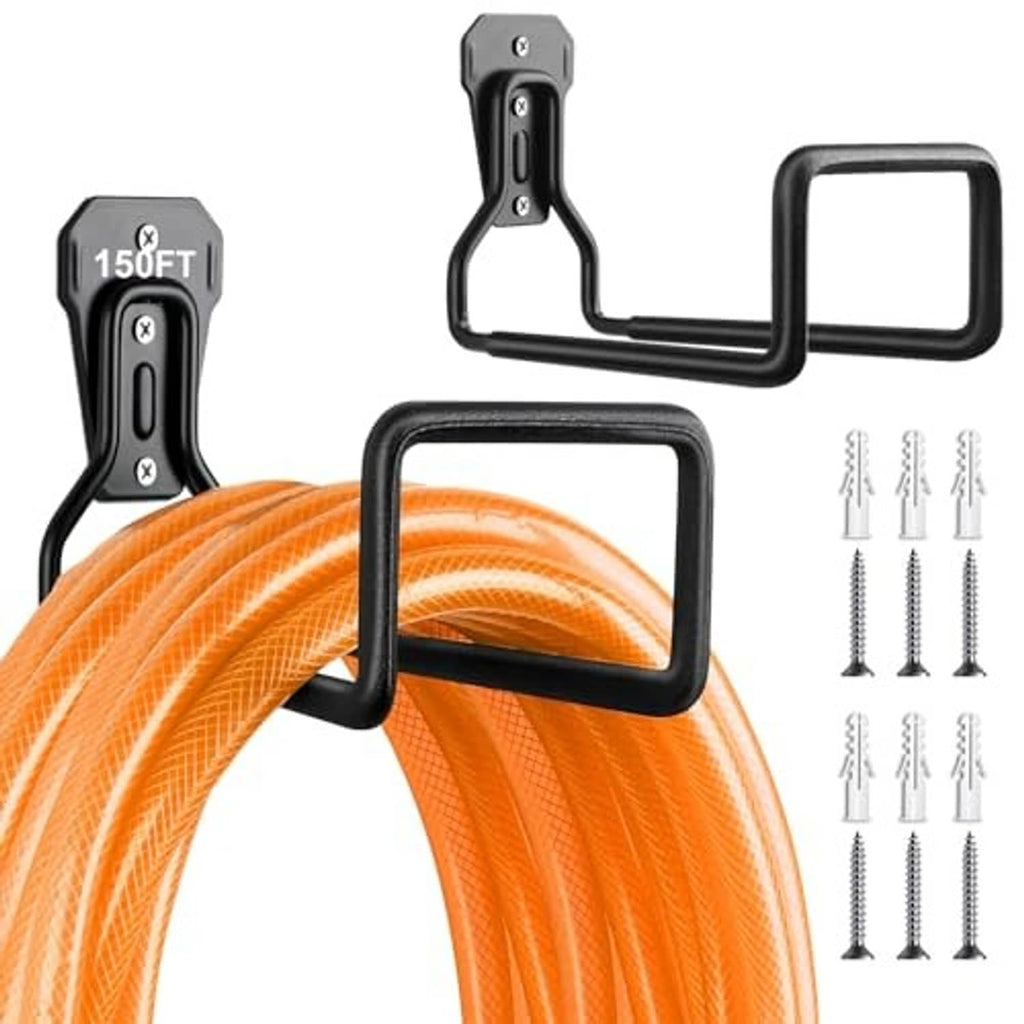 Black metal wall hose hanger with two U-prongs and a top mounting bracket