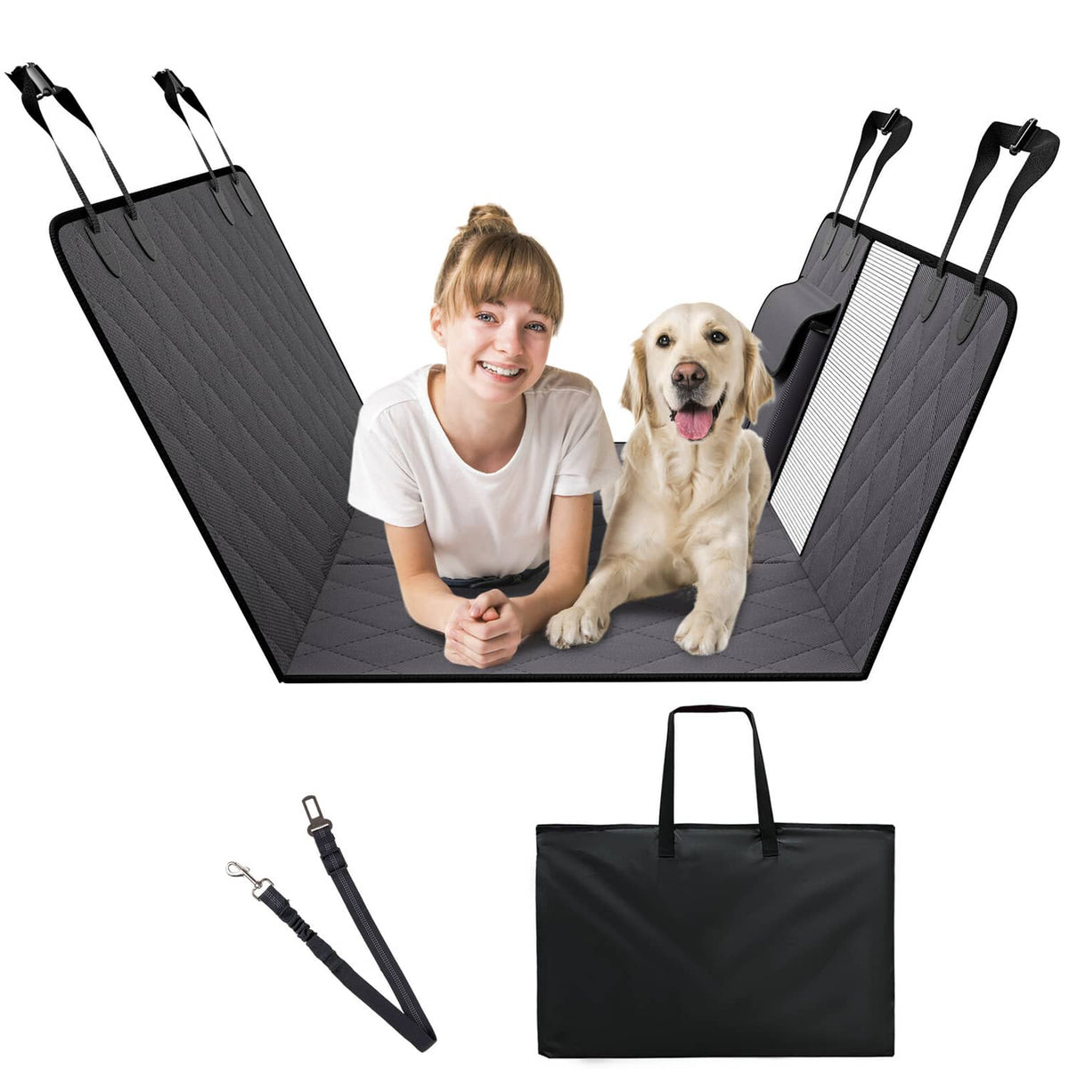 Gray waterproof dog back seat cover with quilted pattern and adjustable straps