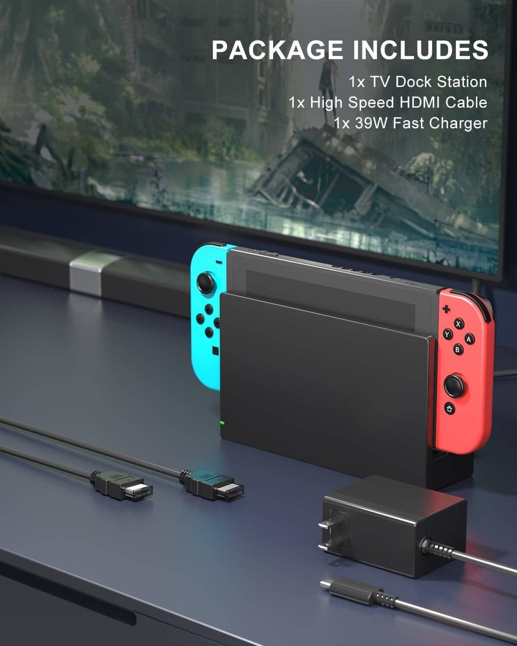Black Switch TV dock station with included HDMI cable and 39W fast charger
