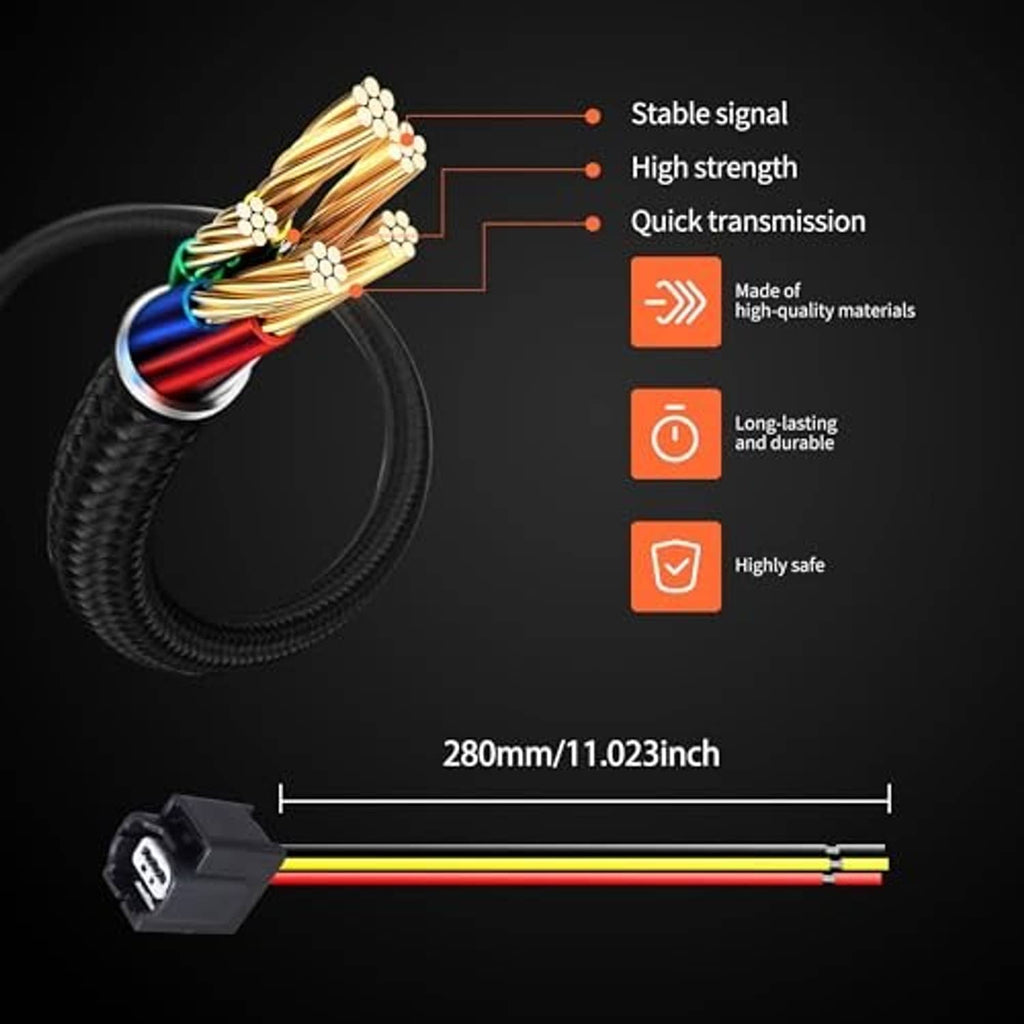Three-wire sensor pigtail harness with measured length and multi-pin connector plug