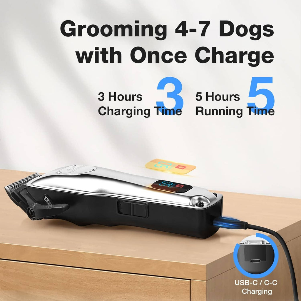 Cordless dog hair clipper on charging base with USB-C cable, silver.