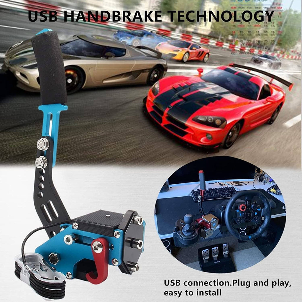 USB handbrake with black grip and blue lever, connected cable and compact metal base