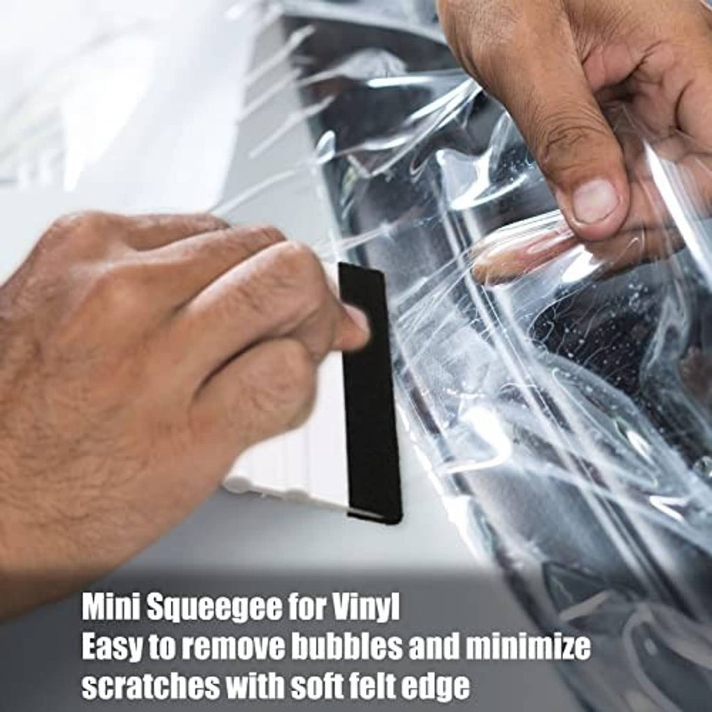 Mini vinyl squeegee with white scraper body and black felt edge for bubble removal