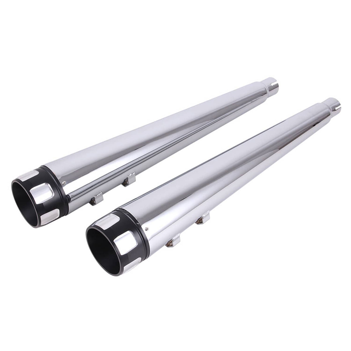 Chrome megaphone slip-on exhaust mufflers, side view with black inlet ends and brackets