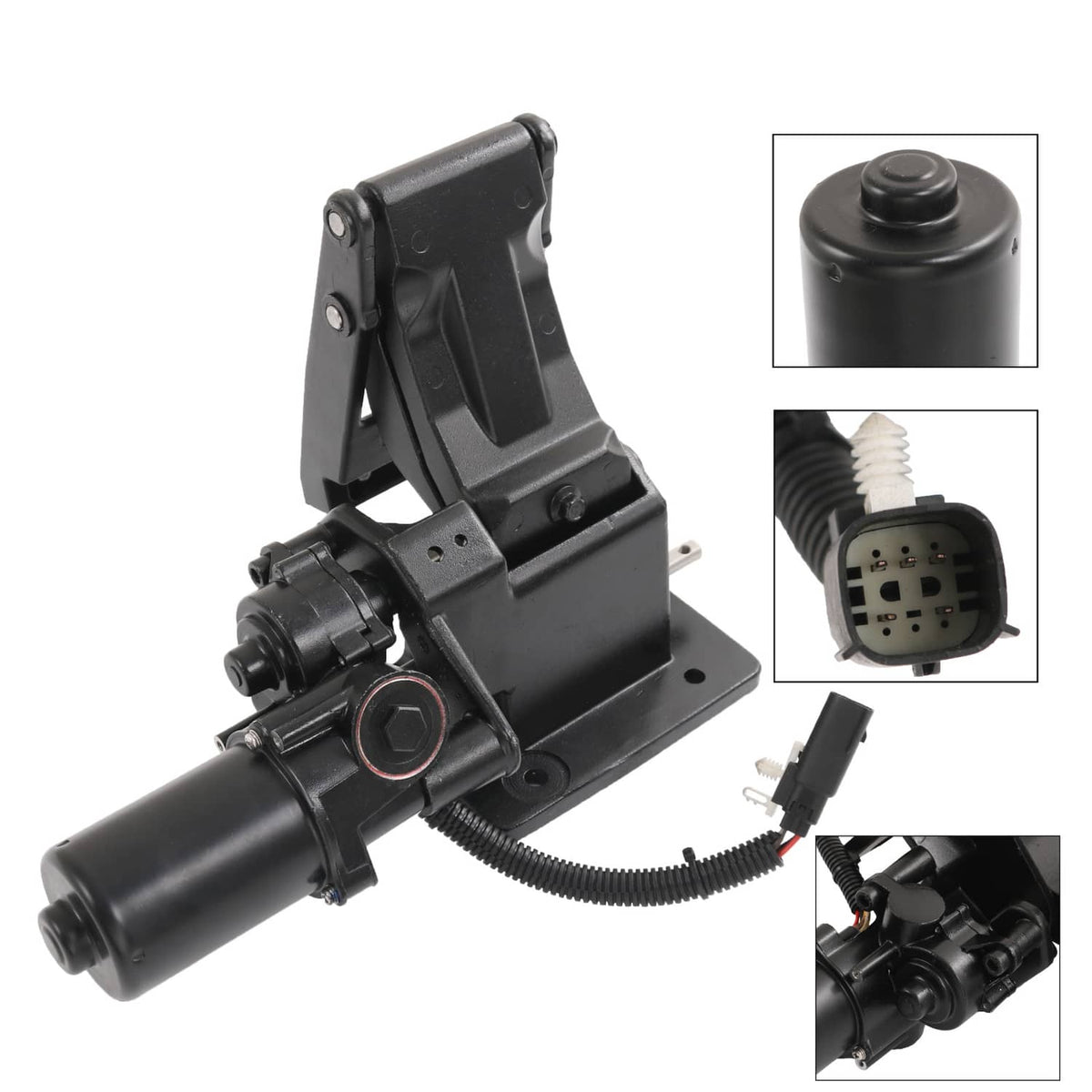 Left-side power running board motor assembly, black housing with wiring and connectors