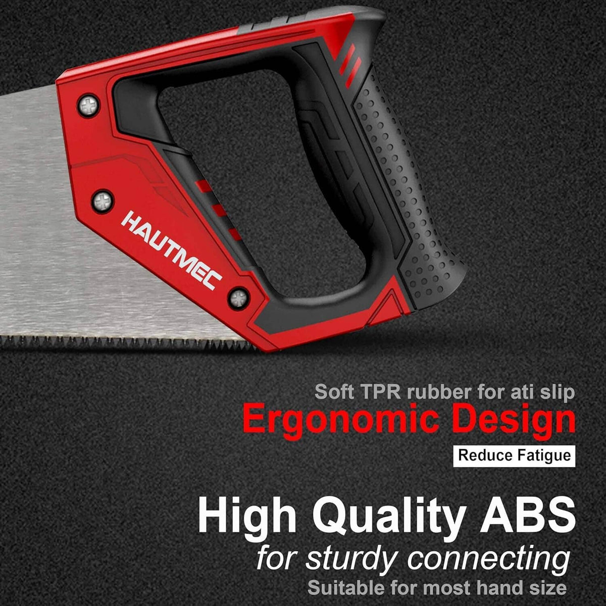 Red and black hand saw with ergonomic grip and black blade against textured surface