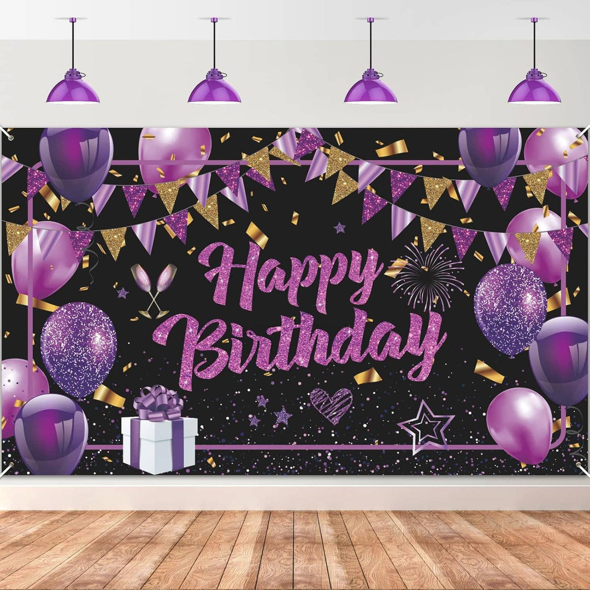 Happy Birthday banner with purple bunting, sparkler burst, and glitter balloon accents