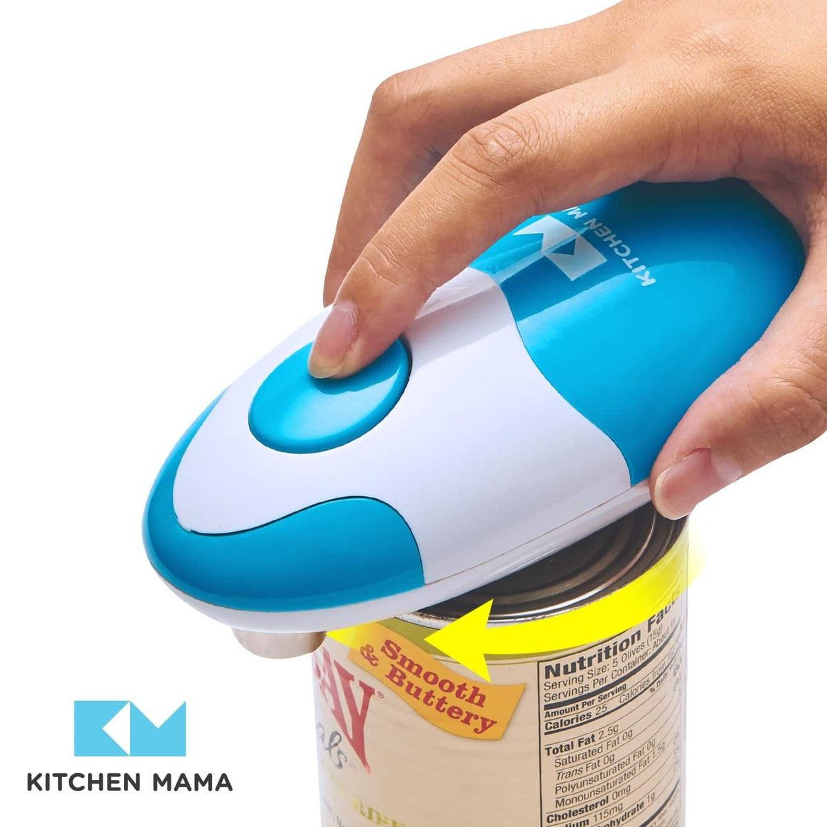 Kitchen can opener held to a can lid, sky blue button on white body.