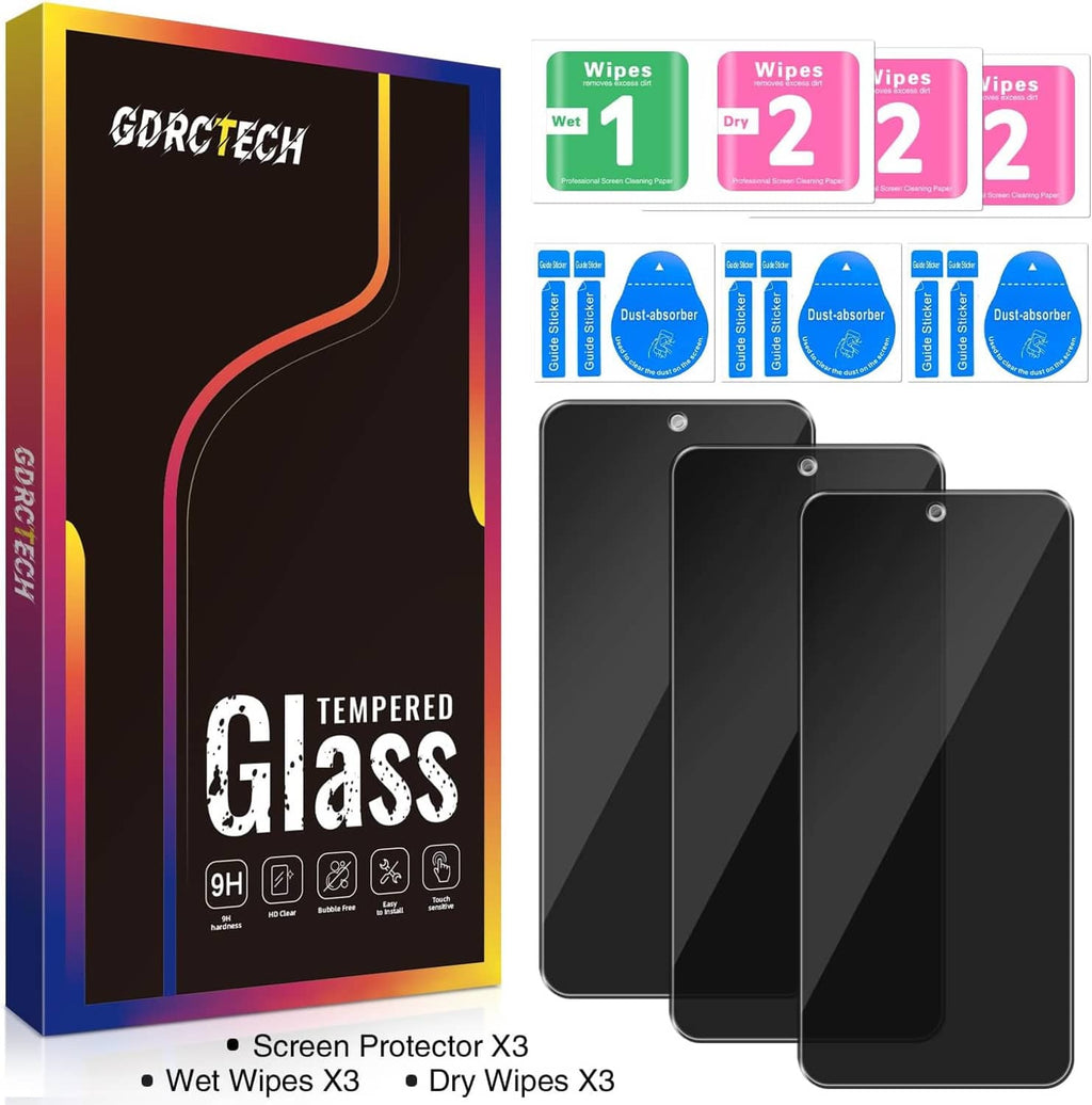 3-pack tempered glass privacy screen protectors with cleaning wipes, in box set